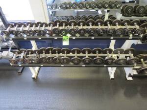 Set of 16 pairs of dumbells, starting at 5lbs upto 15lbs (320lbs) including 2 level rack Atlantis & (1) 12.5lb Dumbell