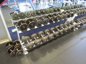 Set of 12 pairs of dumbells, starting at 25lbs upto 85lbs (1110lbs) including 2 level rack Atlantis