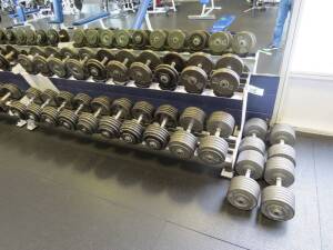 Set of 12 pairs of dumbells, starting at 35lbs upto 115lbs (1910lbs) including 2 level rack Atlantis & (4) 130lbs Dumbells
