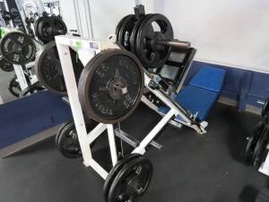 Weight Machine w/ free weights, Leg Press Elie Sports #27 w/ (8) 45lb YRC & (4) 45lb Iron Standard